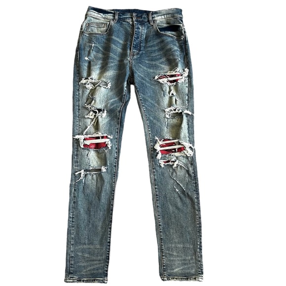 Amiri Men’s Thrasher Distressed Slim Fit Jeans Sz 36 Blue Denim Red Bandana MX1 - Picture 1 of 14